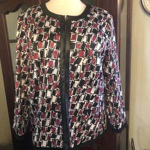 Catherine’s 1X long sleeve wine, black & white geometric patterned jacket.
